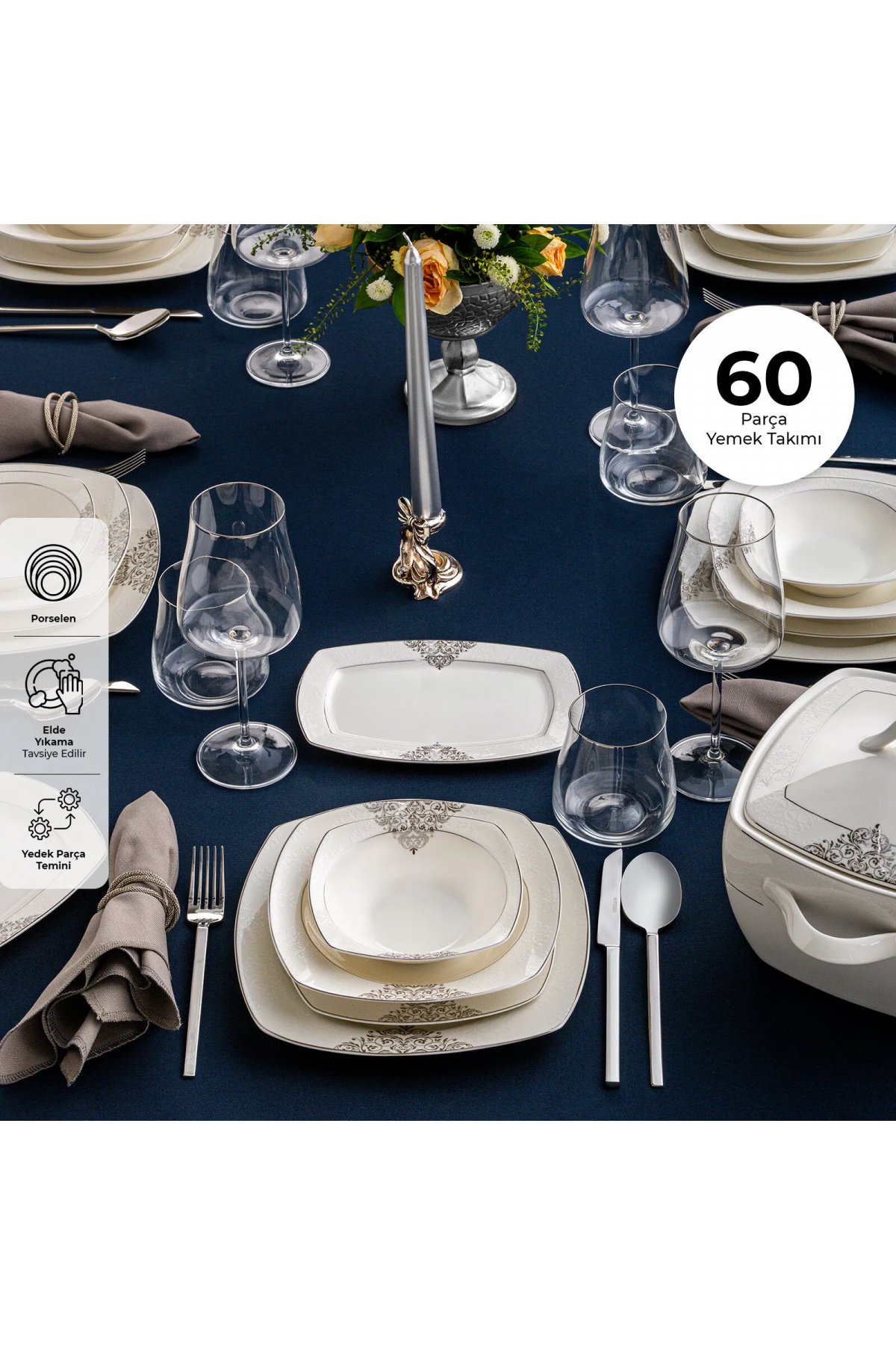 Emsan New Yasemin Porselen Platin 60 Parça 12 Kişilik Yarım Kare Yemek Takımı