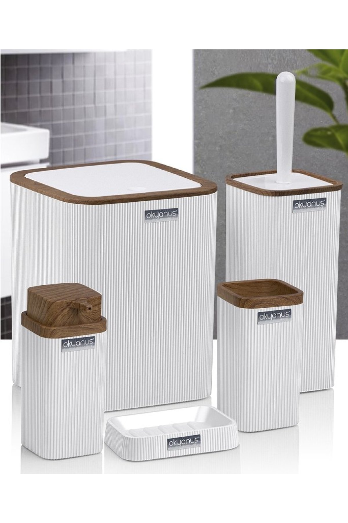 Okyanus Home Stella Beyaz Ahşap Desenli Çizgili 5'li Banyo Seti