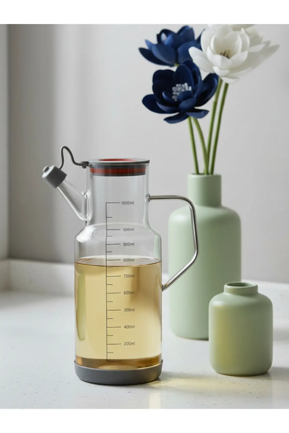 Arow Soft Damlatmaz Borosilikat Taban Silikon Kurumalı Cam Yağlık 1000 ML Beyaz - TR-6515