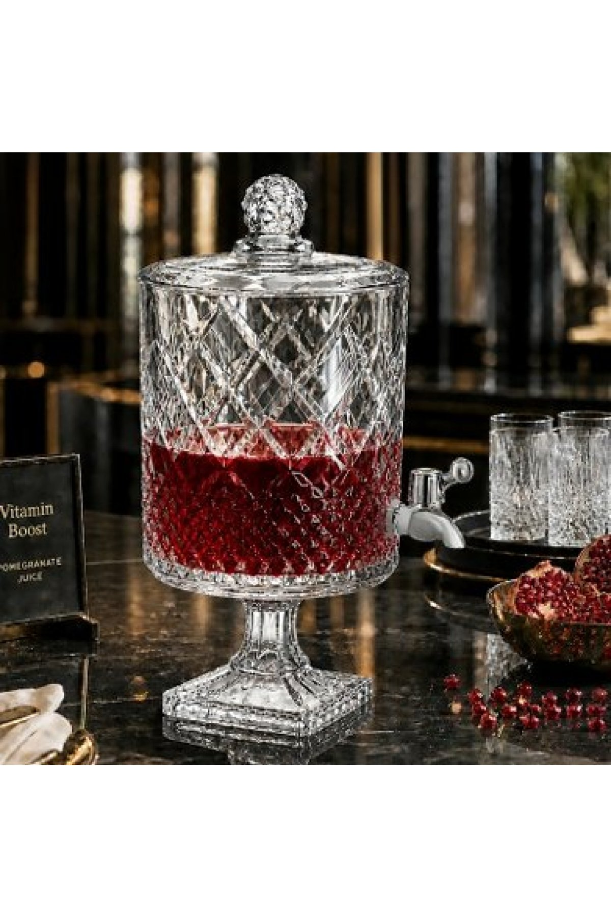 Kosova Ayaklı Kristal Kesim Geometrik Desenli Cam Sebil Şerbetlik 4.5 Lt. - SUR-85