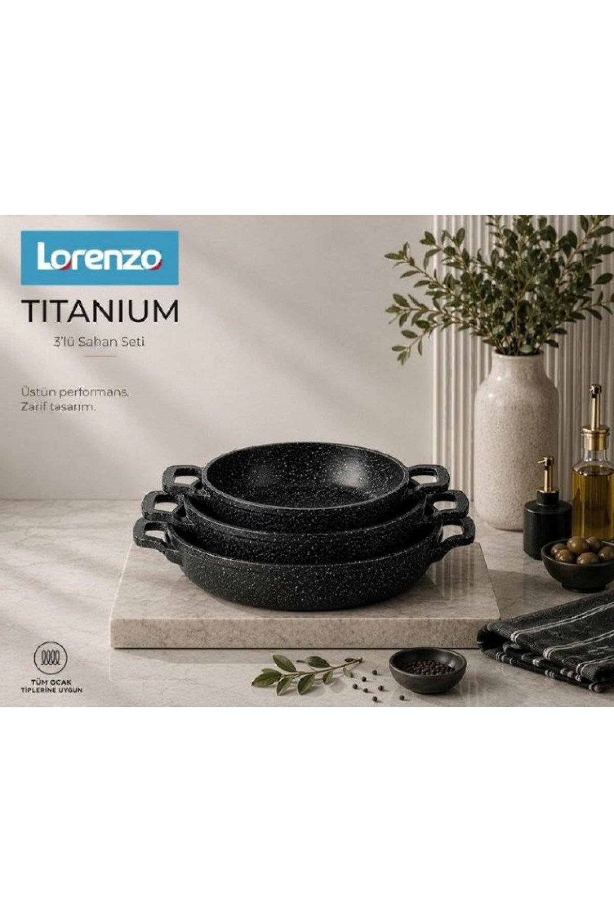 Lorenzo Titanium 6 Parça Döküm Granit Sahan Seti 18-20-22 cm Siyah - LRZ-2079