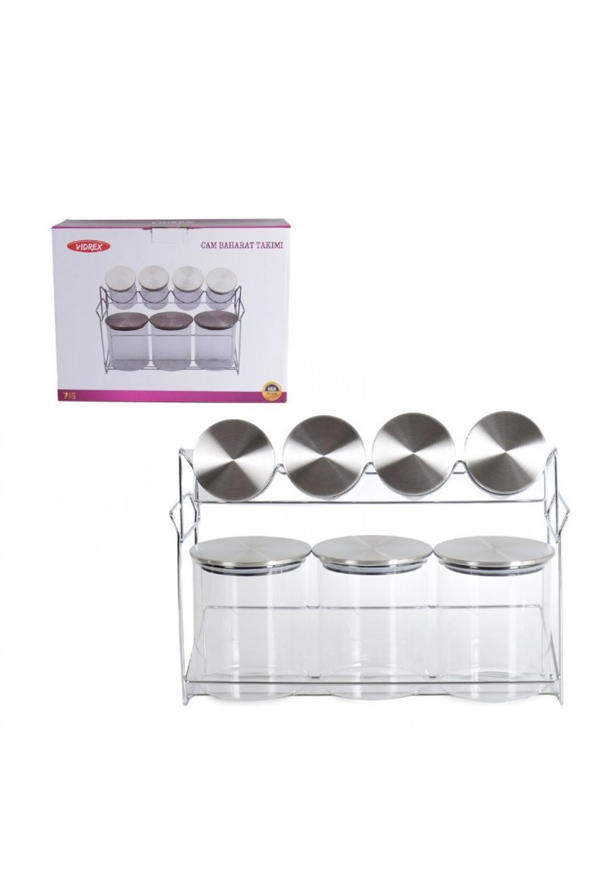 Vidrex İnox Vakum Kapaklı 7 Parça Metal Standlı Cam Baharat Takımı - 24B057
