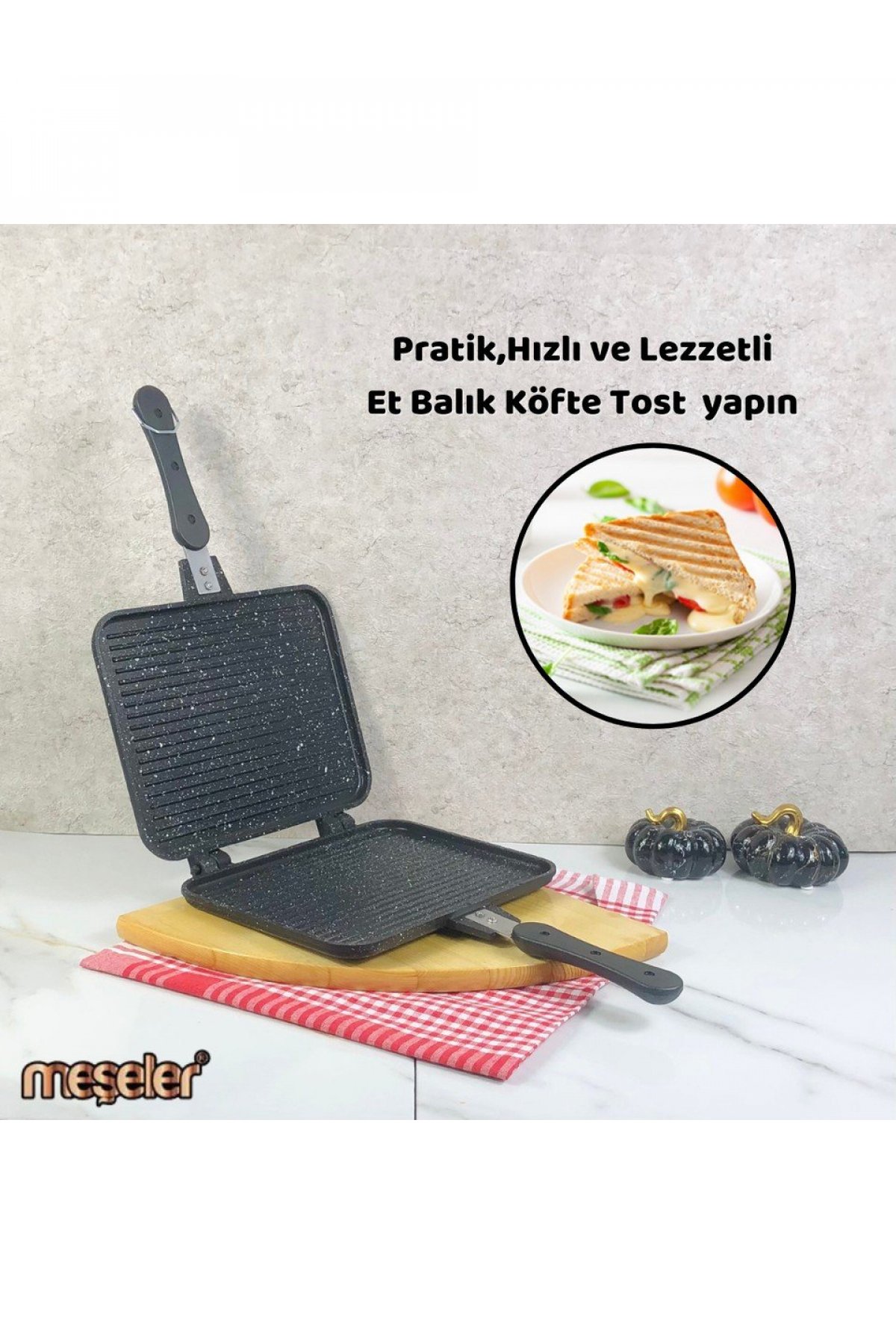 Meşeler Ocak Üstü Granit Döküm El Tost Ve Çok Amaçlı Grill Tava 26 Cm - Siyah