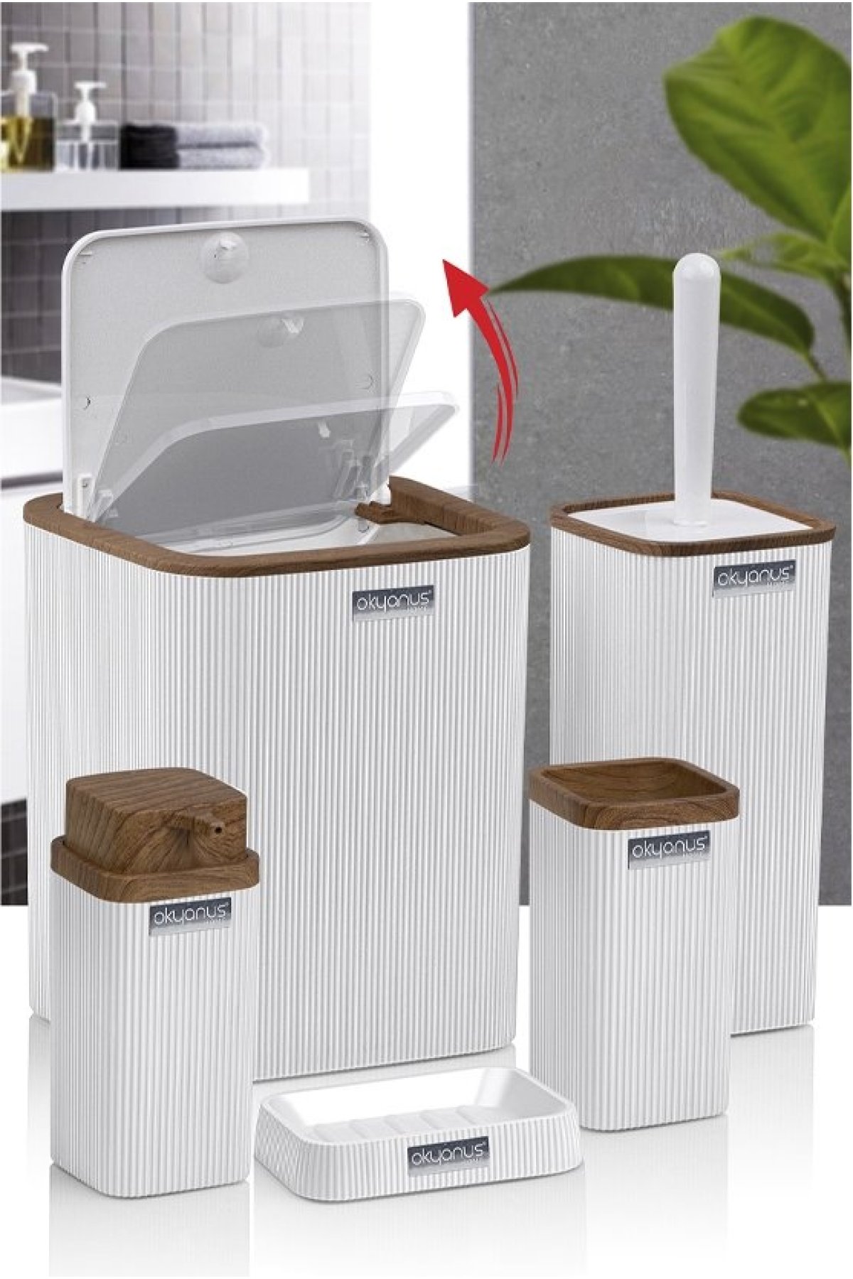 Okyanus Home Stella Beyaz Ahşap Desenli Çizgili 5'li Banyo Seti
