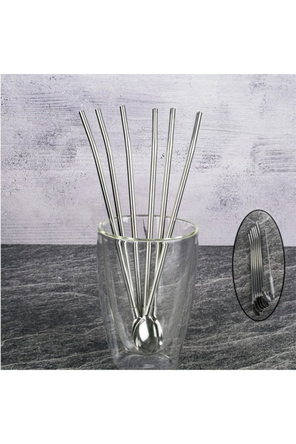 Tohana Altılı Çelik Kaşık Pipet Seti - THN75667 Şeffaf