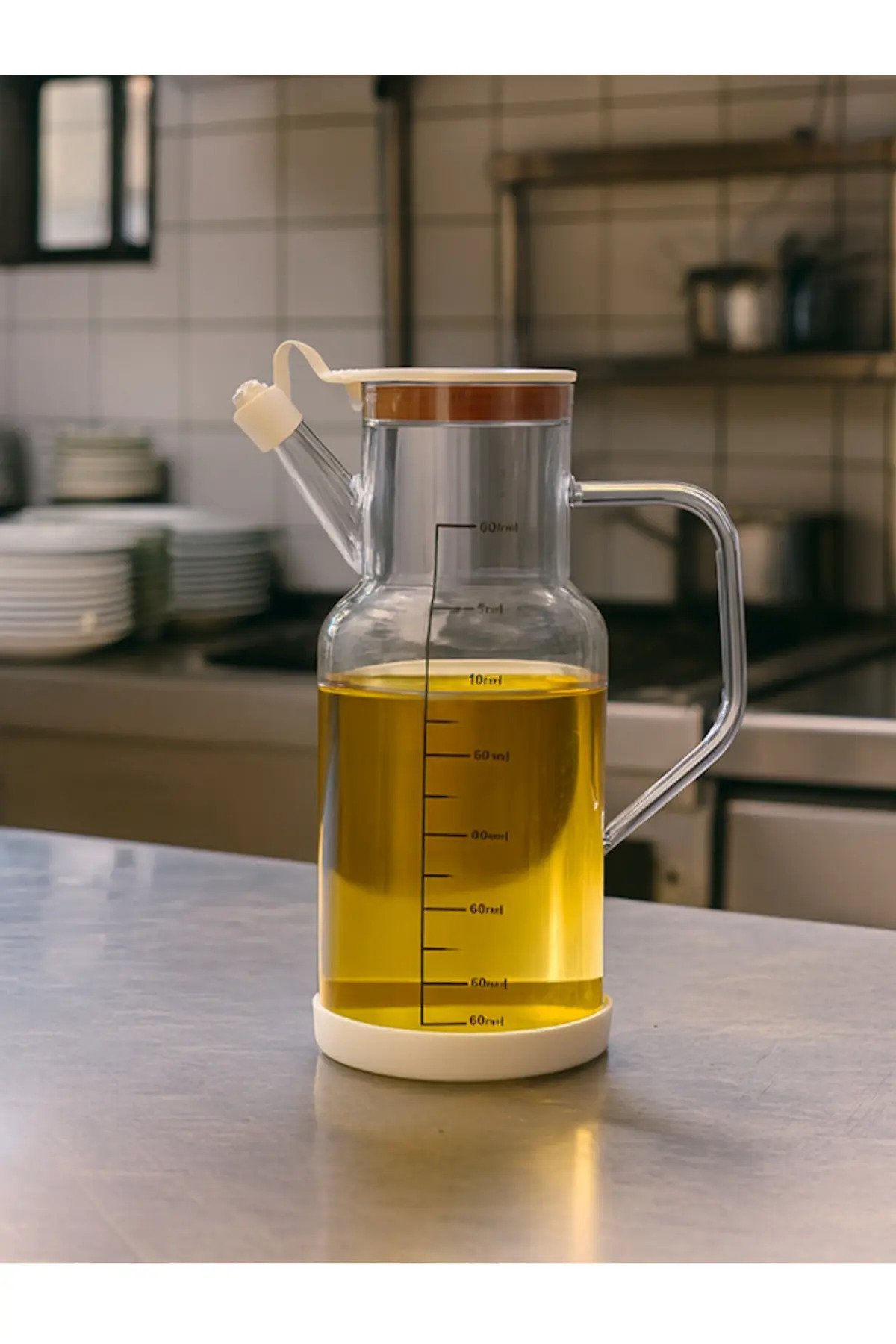 Arow Soft Damlatmaz Borosilikat Taban Silikon Kurumalı Cam Yağlık 1000 ML Beyaz - TR-6515
