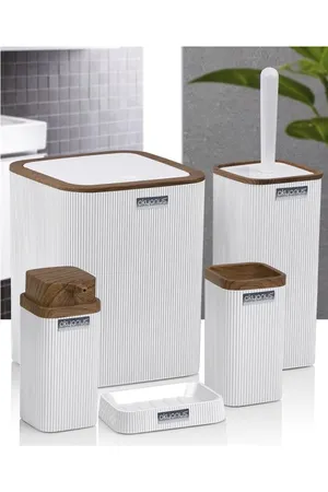 Okyanus Home Stella Beyaz Ahşap Desenli Çizgili 5'li Banyo Seti