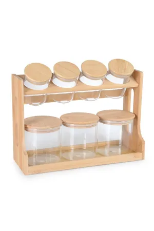 Vidrex Bambu Kapaklı 7 Parça Bambu Standlı Cam Baharat Takımı - NG-11