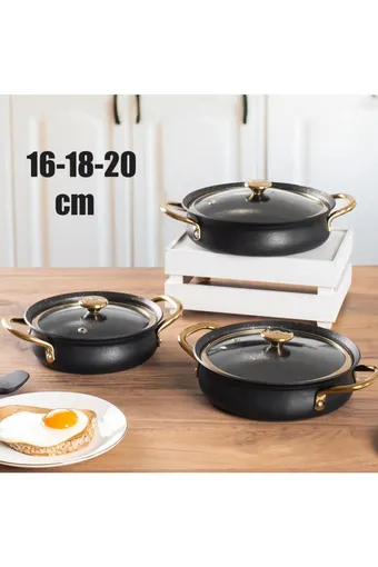OMS Bakraç Güveç 6 Parça Granit Sahan Seti - Siyah-Gold - 3724.GOLD