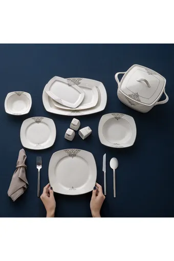 Emsan New Yasemin Porselen Platin 60 Parça 12 Kişilik Yarım Kare Yemek Takımı