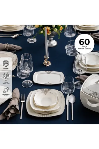 Emsan New Yasemin Porselen Platin 60 Parça 12 Kişilik Yarım Kare Yemek Takımı