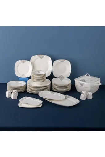 Emsan New Yasemin Porselen Platin 60 Parça 12 Kişilik Yarım Kare Yemek Takımı