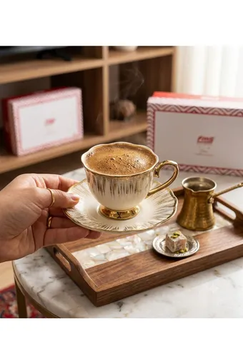 Fms Duru Dikey Çizgili Gold 12 Parça 6 Kişilik Fincan Takımı - 1213