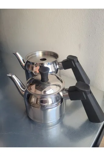 FMS Daisy Midi Boy Paslanmaz Çelik Çaydanlık Seti 1Lt,0.5Lt Bakalit Siyah Kulp - 4070SYH