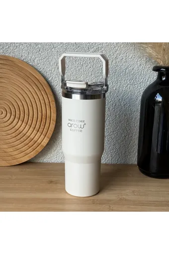 Arow H-206 Taşıma Kulplu Pipetli Kupa Matara 750 ML Beyaz