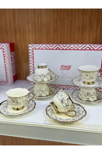 Fms Duru Lale-Yaprak Gold 12 Parça 6 Kişilik Fincan Takımı - 1214