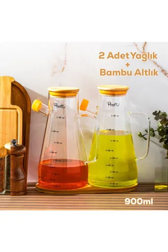 Perotti Gael Bambu Standlı Borosilikat Cam Yağlık Sirkelik Bambu Kapaklı Yağdanlık 900 ml - 16532